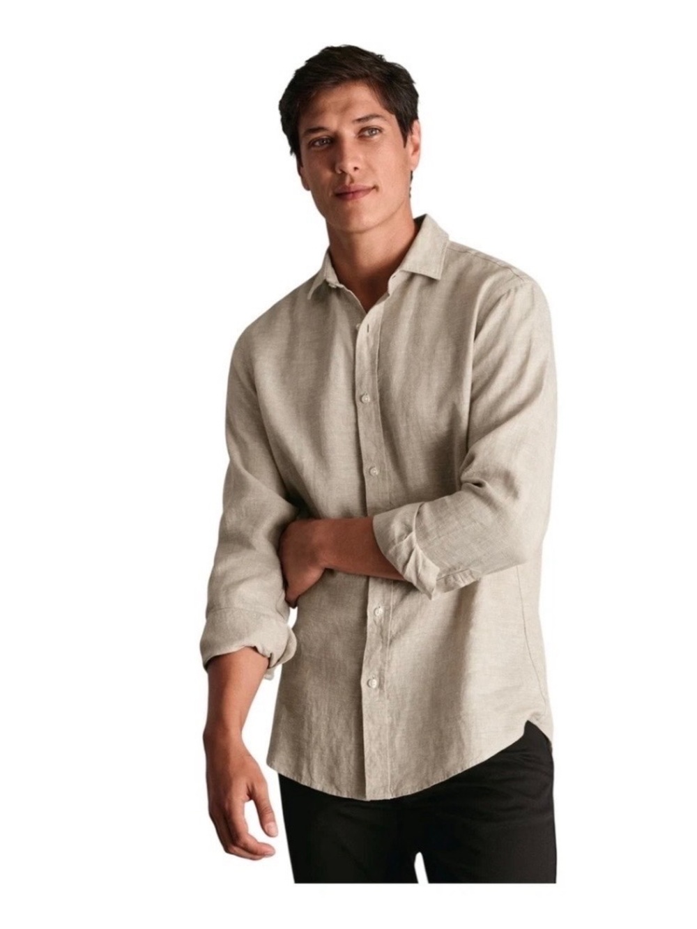 Charles Tyrwhitt 100% linen shirt button front beige oatmeal men's L slim fit